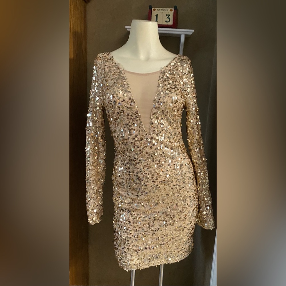 Red Clover gold sequin party mini dress - size Junior medium